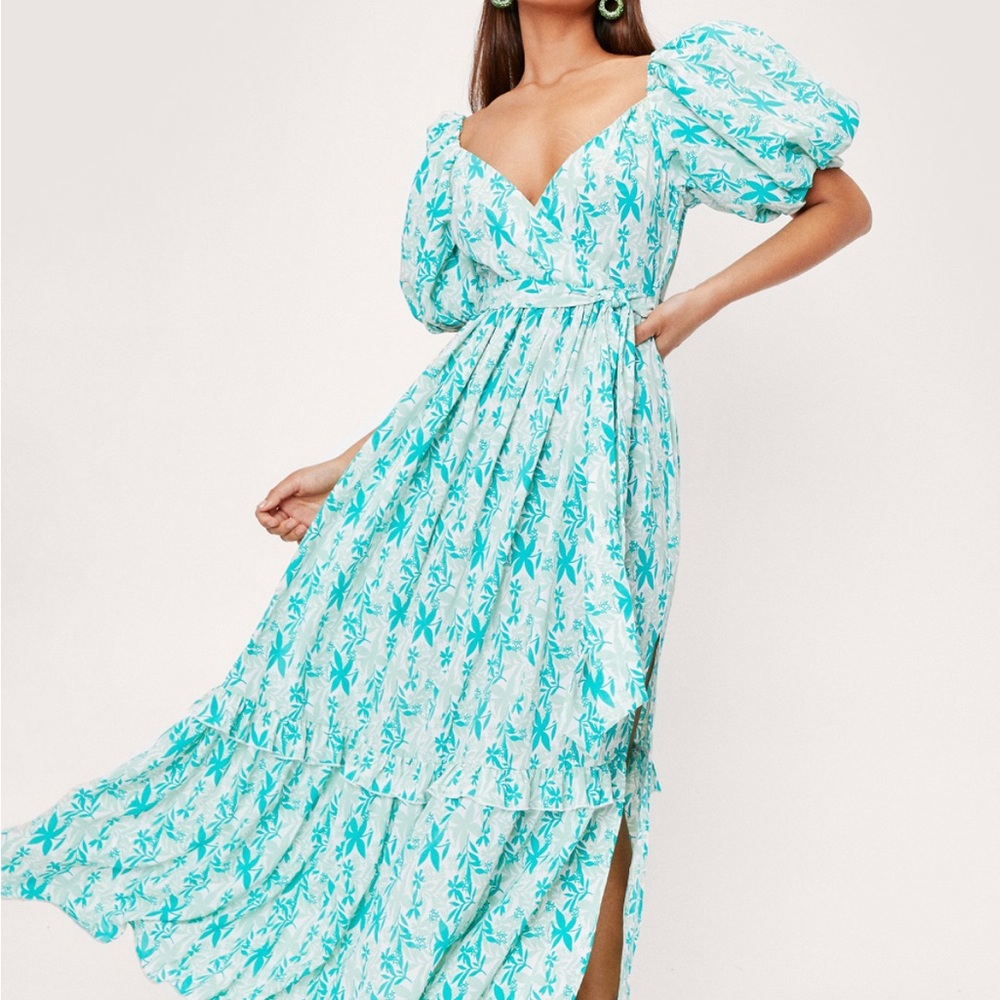 Puff Sleeve Floral Print Wrap Maxi Dress